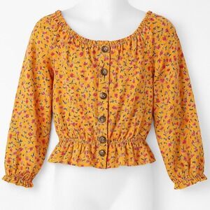 Moon & Stars Petite XS/S Floral Peasant Top Yellow Boho Smocked‎ Waist Blouse